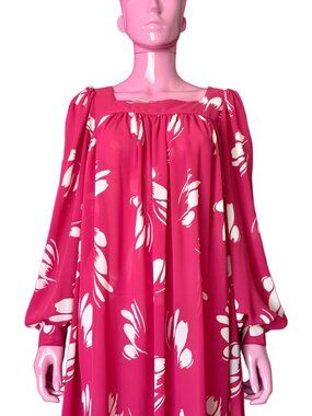 Vintage 70s/80s L/XL Midi Dress Pink White Floral Square Neck Long Bishop Sleeve